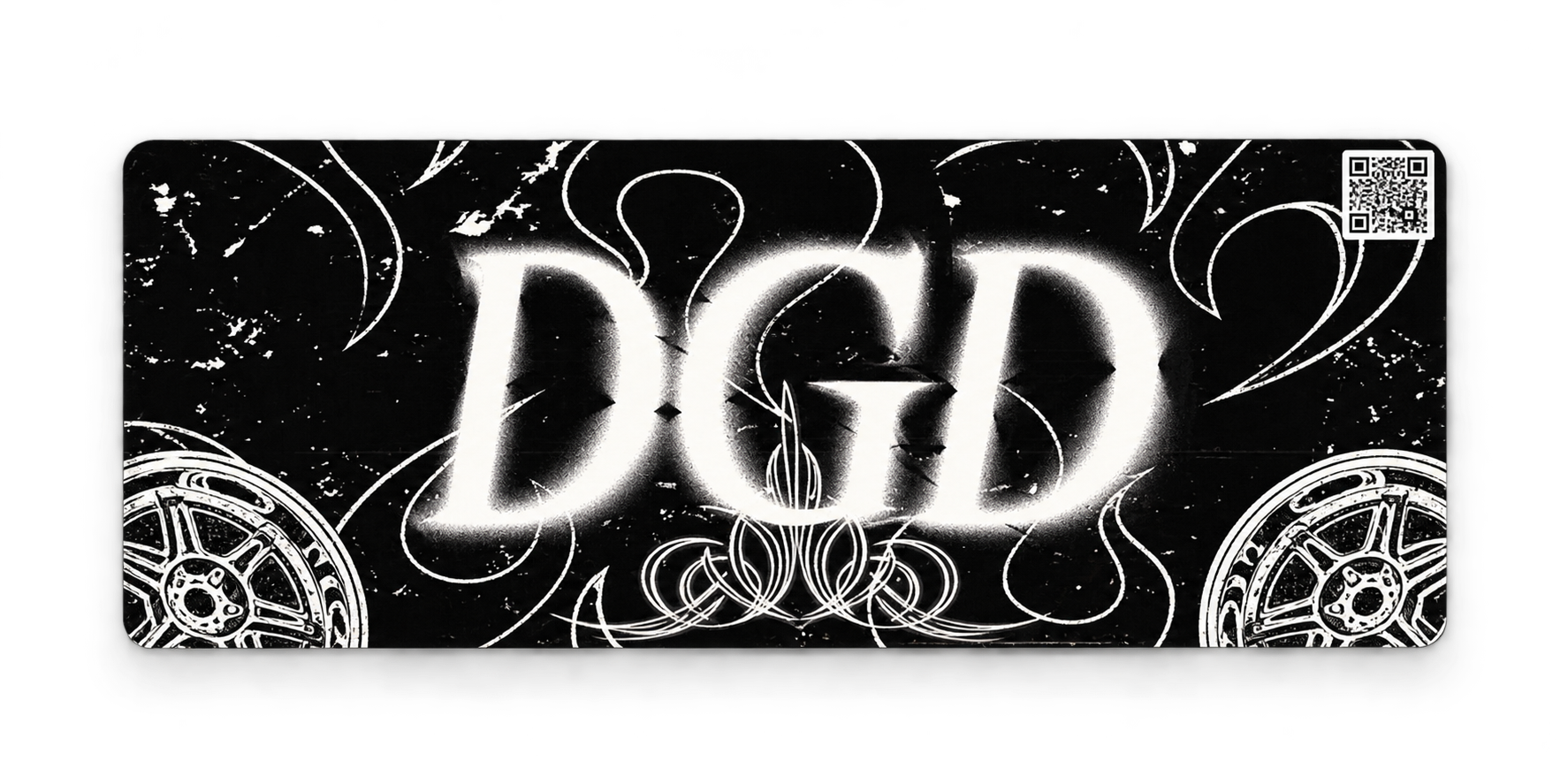 Black and white DGD logo sticker with pinstriping and wheel artwork